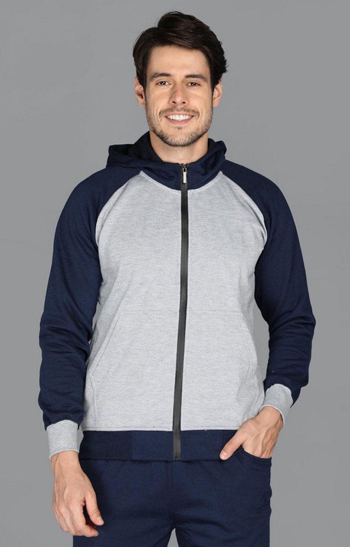 Men's Navy Blue and Grey Solid Polyester Tracksuit