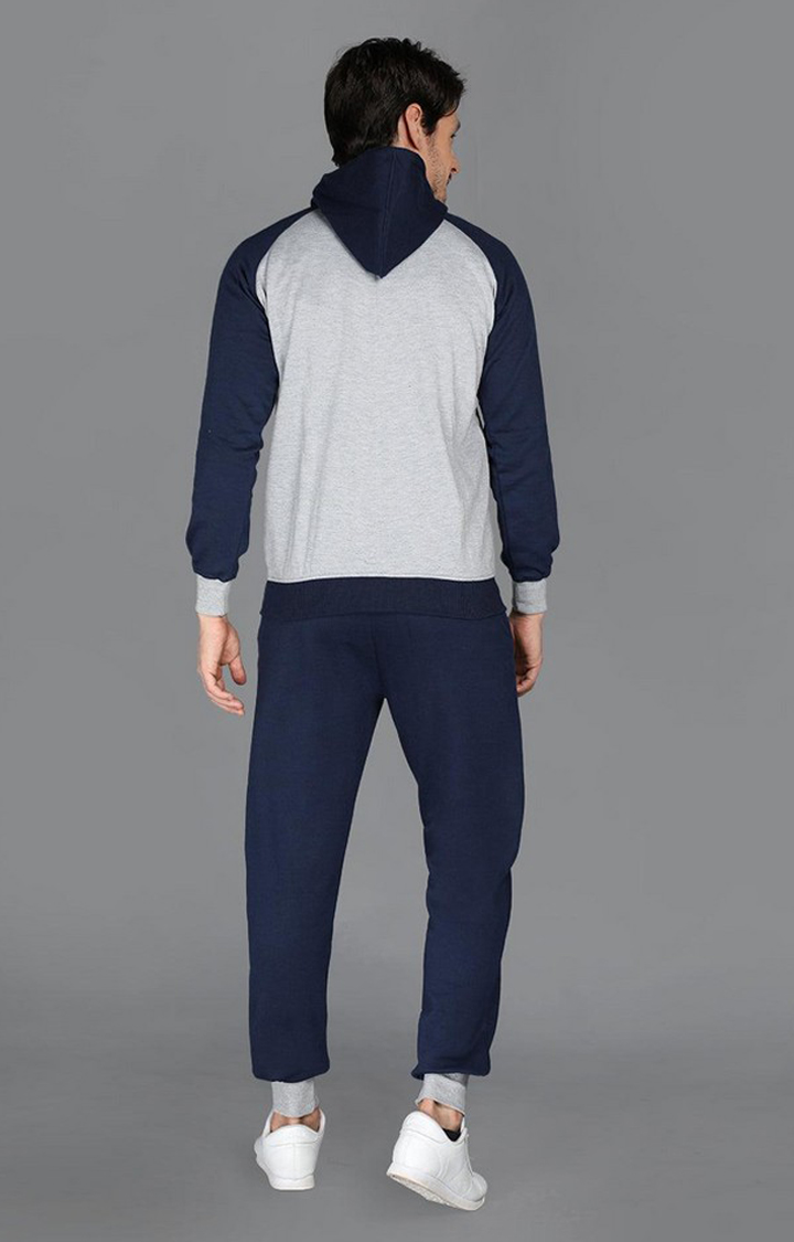Men's Navy Blue and Grey Solid Polyester Tracksuit