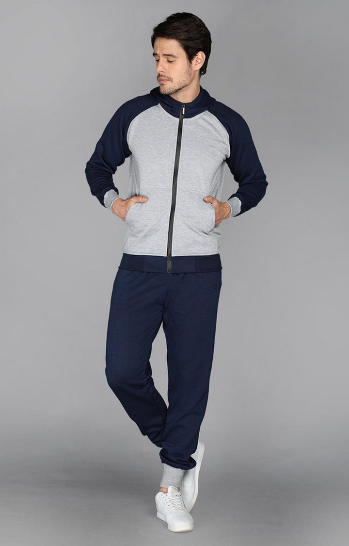 Men's Navy Blue and Grey Solid Polyester Tracksuit