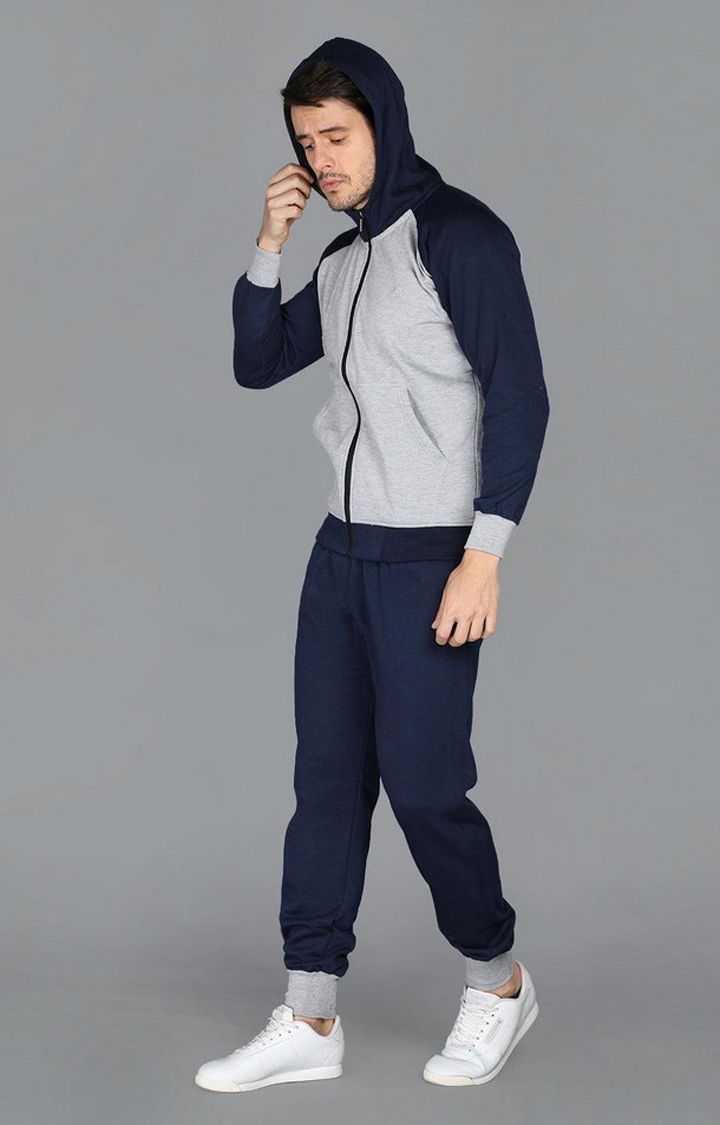 Men's Navy Blue and Grey Solid Polyester Tracksuit