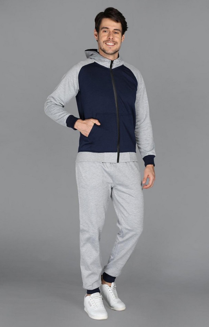 Men's Grey and Navy Blue Solid Polyester Tracksuit