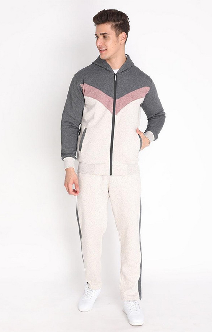 Men's Pink and Grey Colourblocked Cotton  Tracksuit