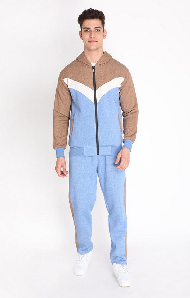 Men's Blue and Brown Colourblocked Cotton  Tracksuit