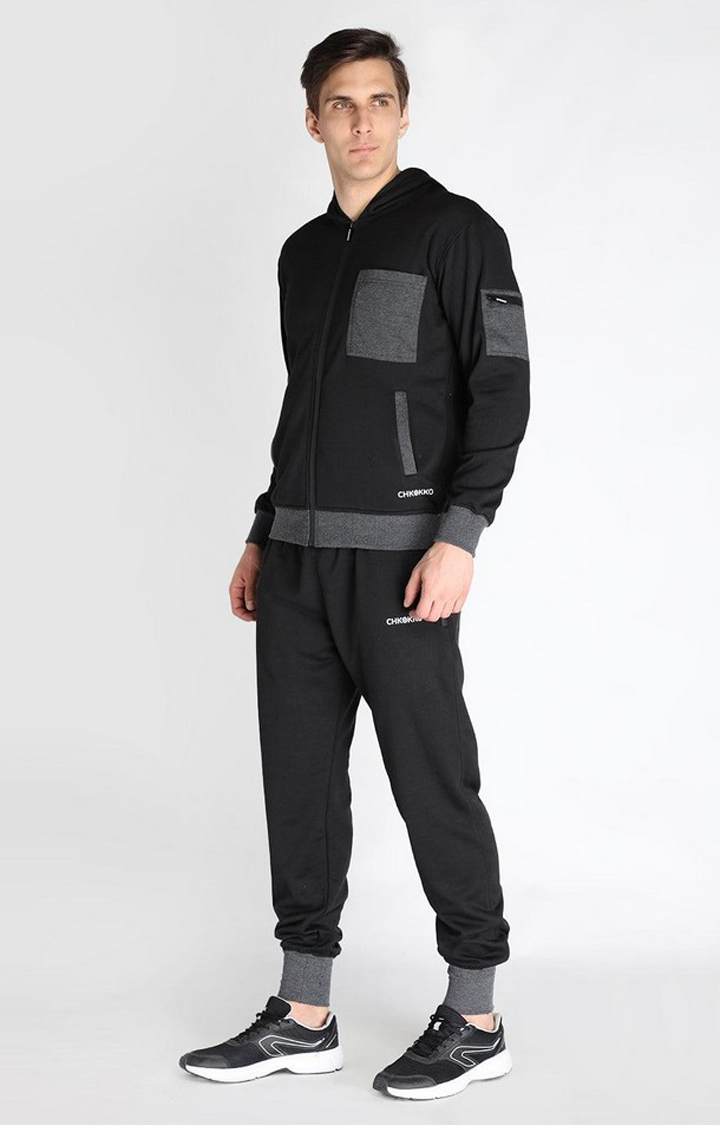 Men's Black Solid Polyester Tracksuit