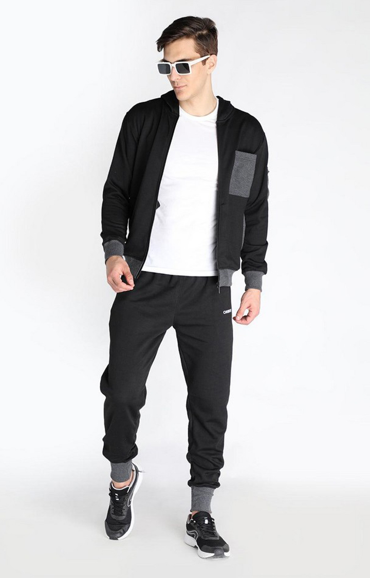 Men's Black Solid Polyester Tracksuit