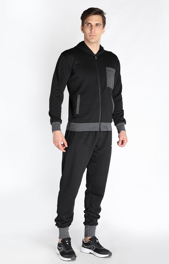 Men's Black Solid Polyester Tracksuit
