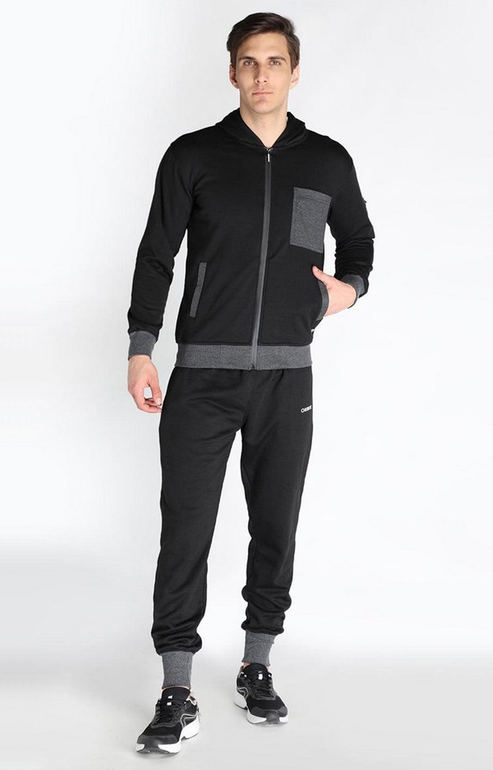 Men's Black Solid Polyester Tracksuit