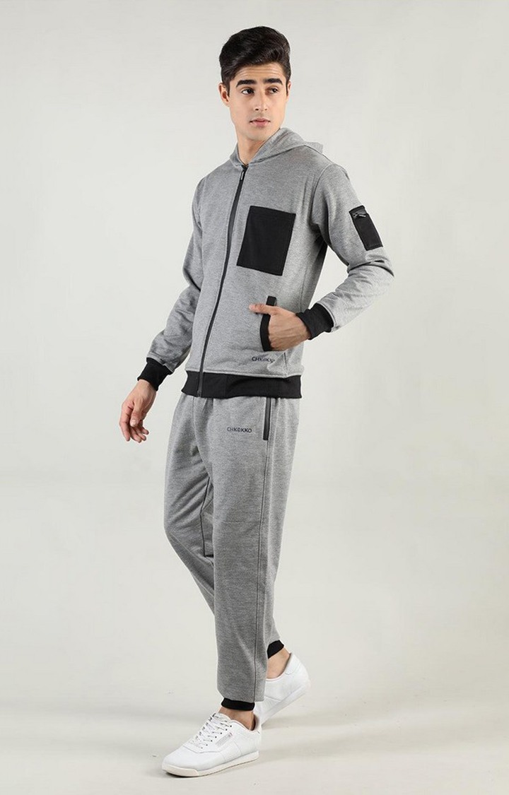 Men's Grey Solid Polyester Tracksuit