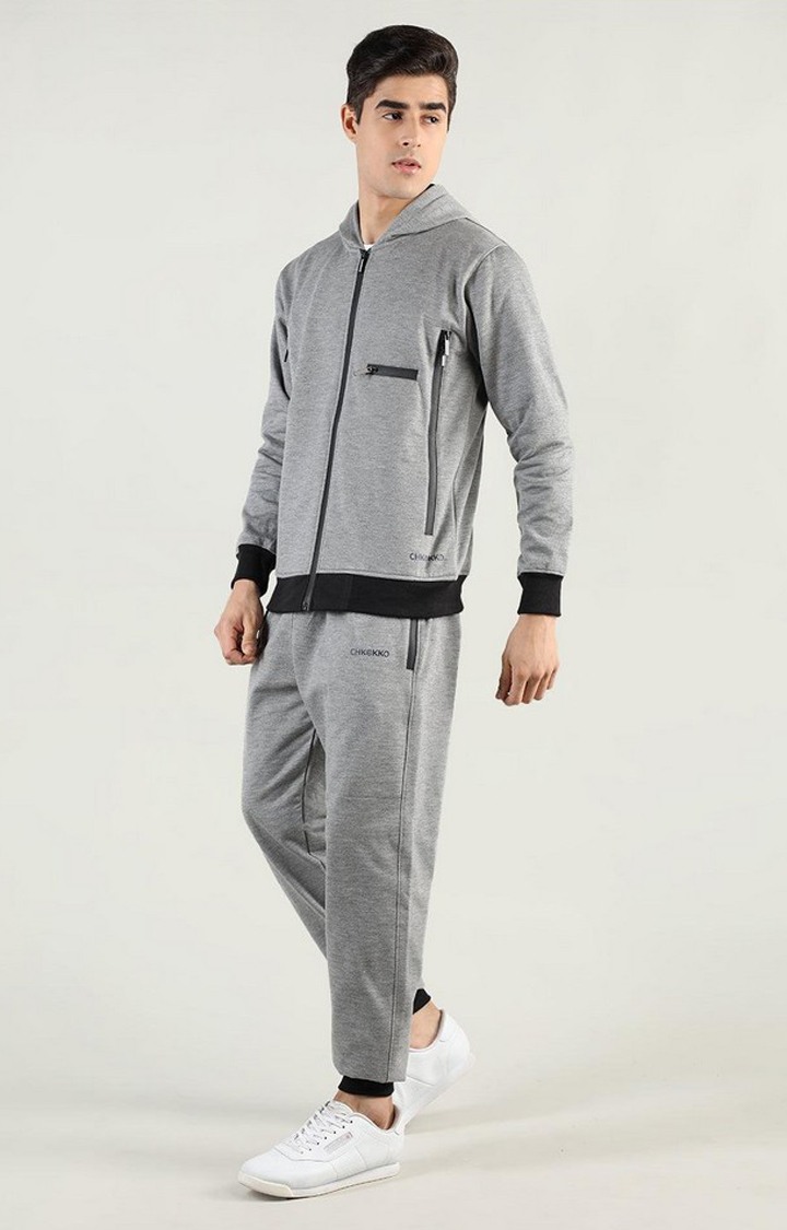 Men's Light Grey Solid Polyester Tracksuit