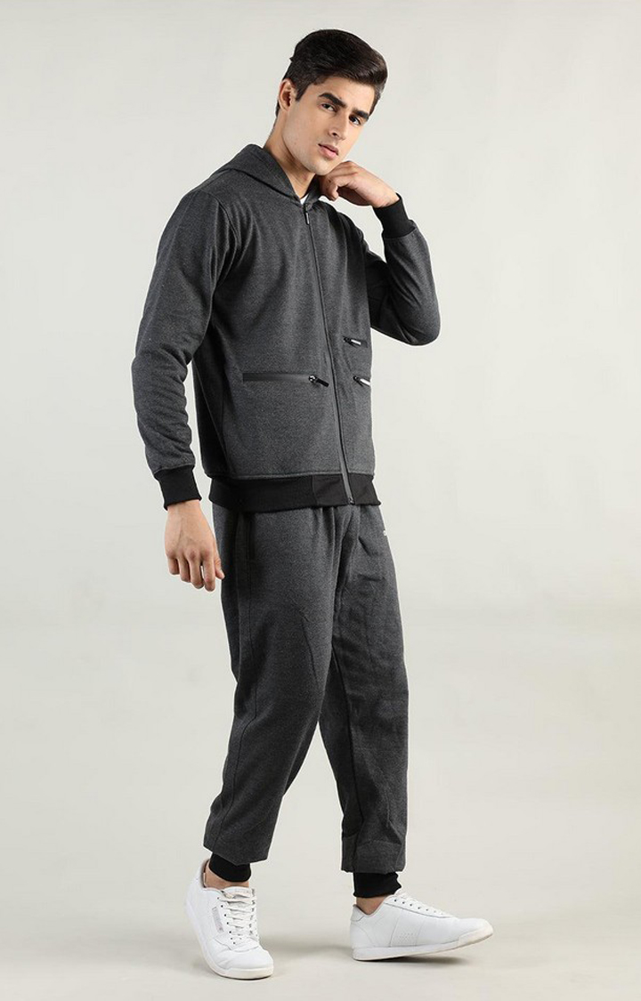 Men's Dark Grey Solid Polyester Tracksuit