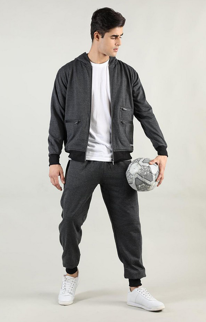 Men's Dark Grey Solid Polyester Tracksuit