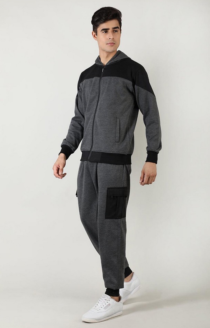 Men's Grey and Black Solid Polyester Tracksuit
