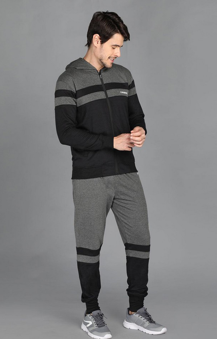 Men's Grey and Black Solid Polyester Tracksuit