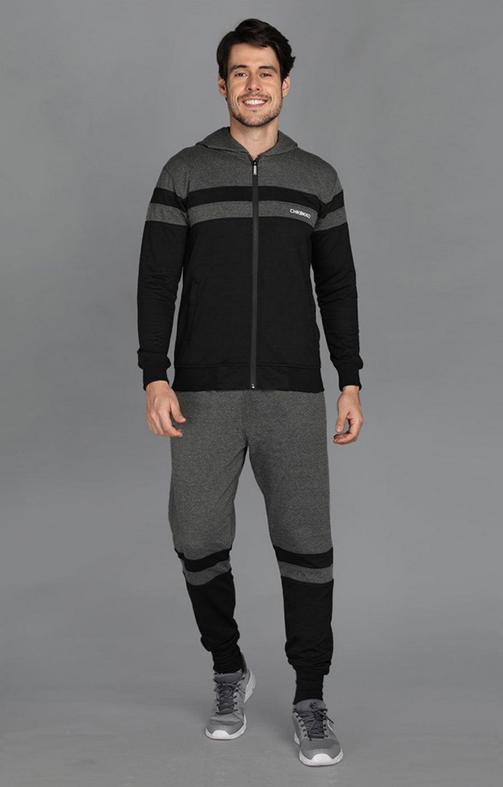 CHKOKKO | Men's Grey and Black Solid Polyester Tracksuit