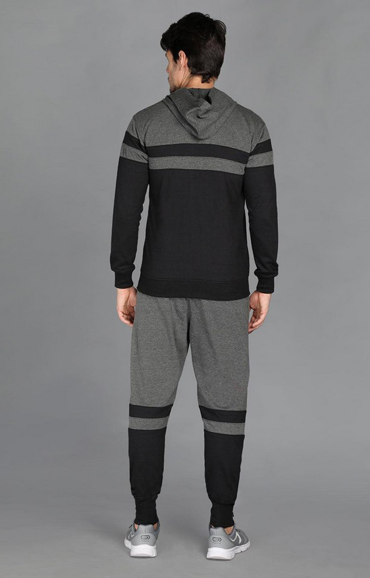 Men's Grey and Black Solid Polyester Tracksuit