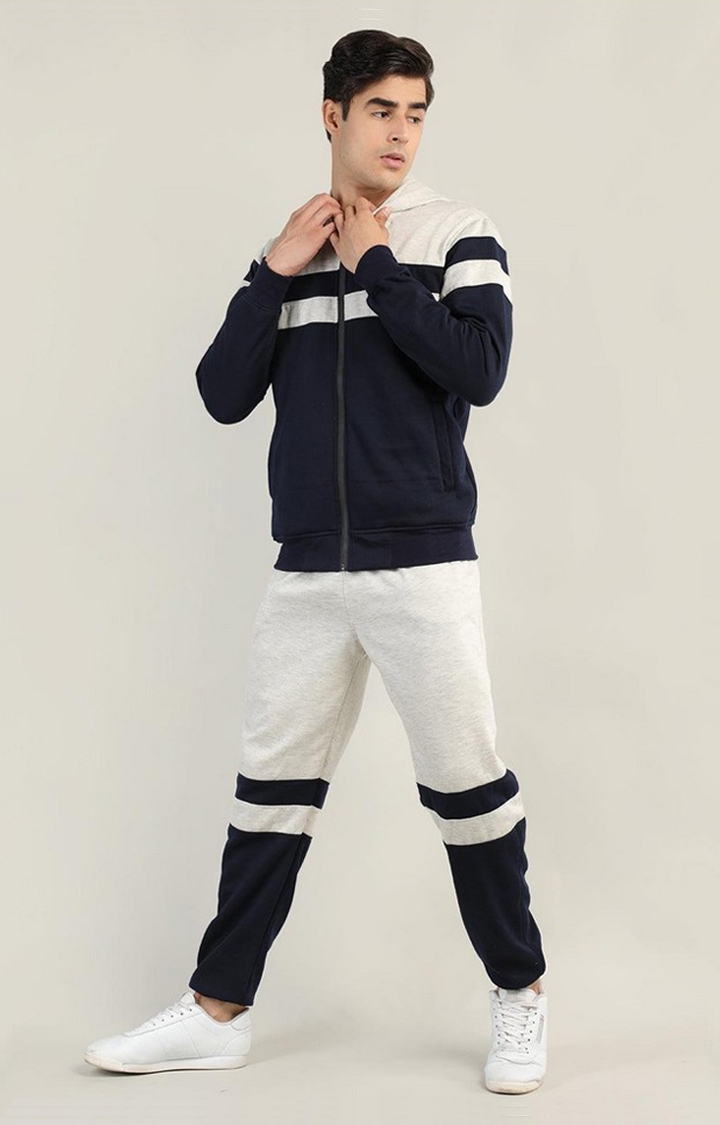 Men's Navy Blue and Grey Solid Polyester Tracksuit
