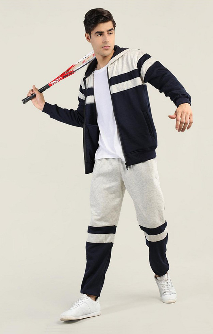 Men's Navy Blue and Grey Solid Polyester Tracksuit