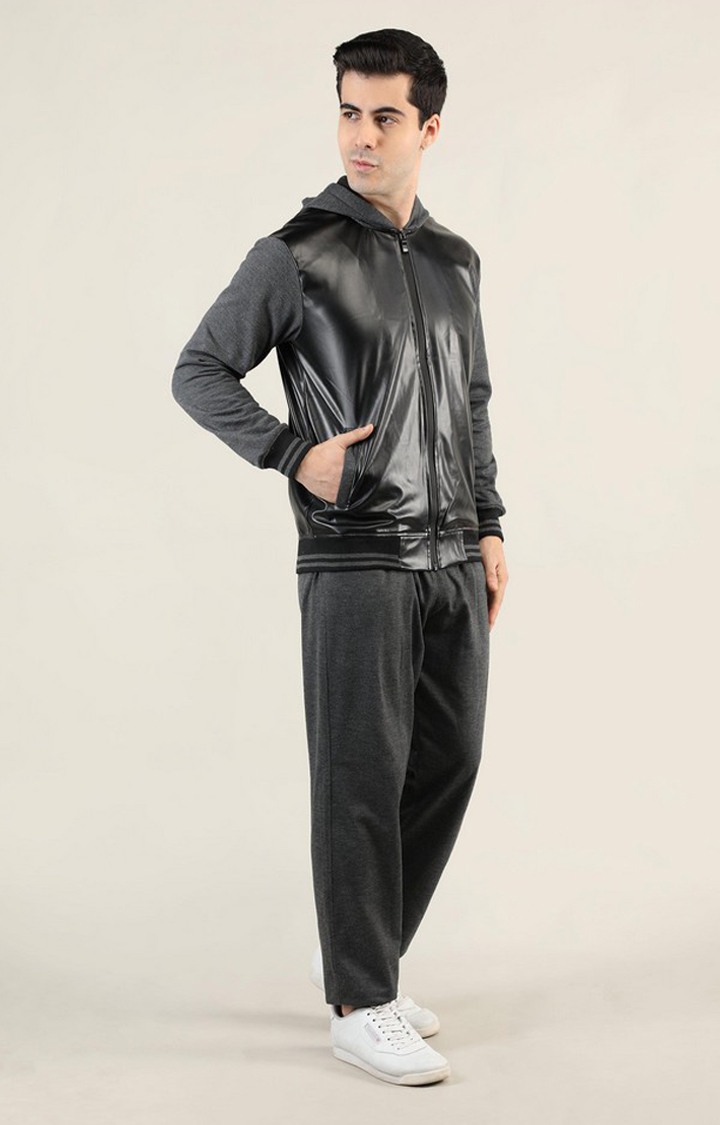 Men's Grey and Black Solid Polyester Tracksuit