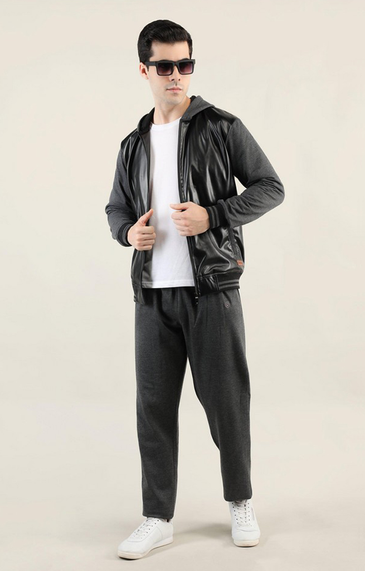 Men's Grey and Black Solid Polyester Tracksuit