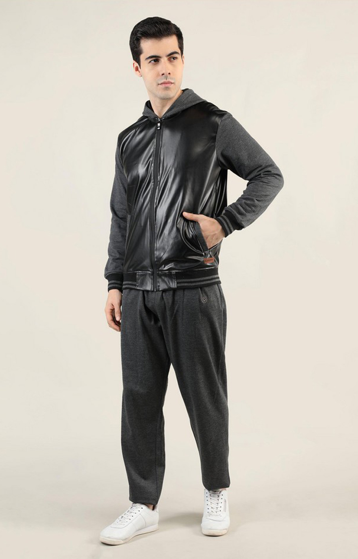 Men's Grey and Black Solid Polyester Tracksuit