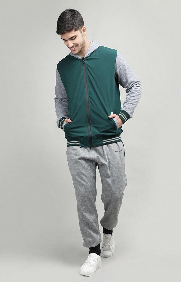 Men's Green and Grey Solid Cotton Tracksuit