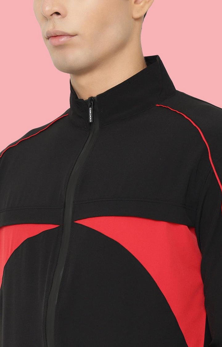 Men's Black and Red Solid Polyester Tracksuit