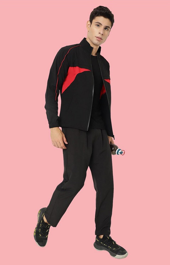 Men's Black and Red Solid Polyester Tracksuit