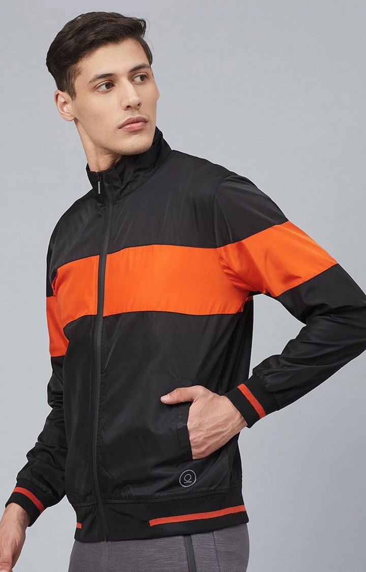 Men's Black & Orange Colorblocked Polyester Windcheater
