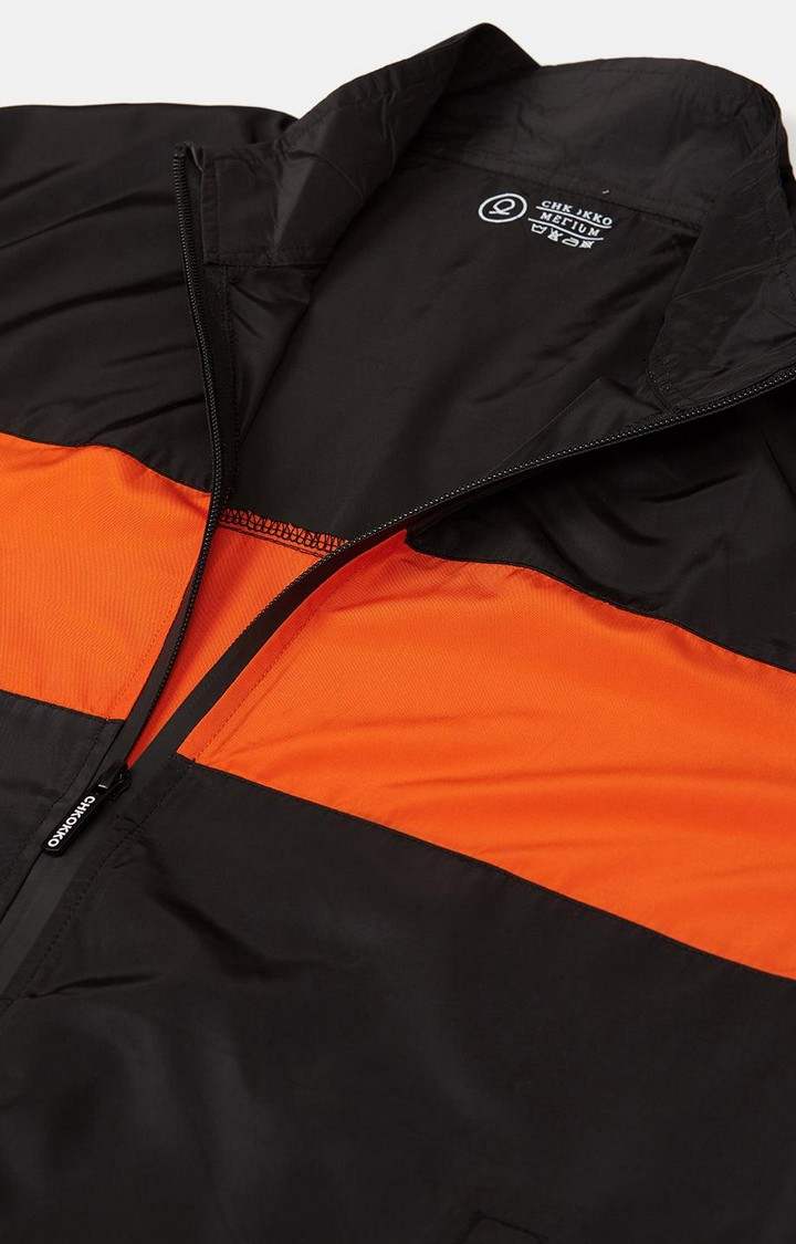 Men's Black & Orange Colorblocked Polyester Windcheater
