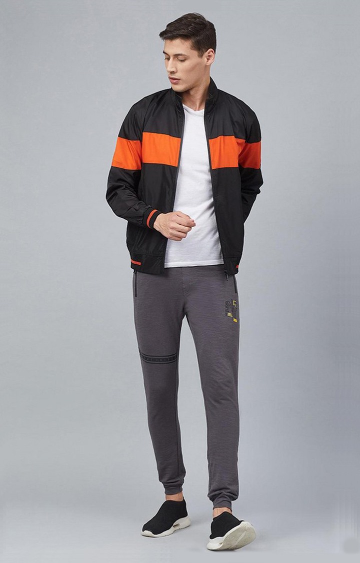 Men's Black & Orange Colorblocked Polyester Windcheater