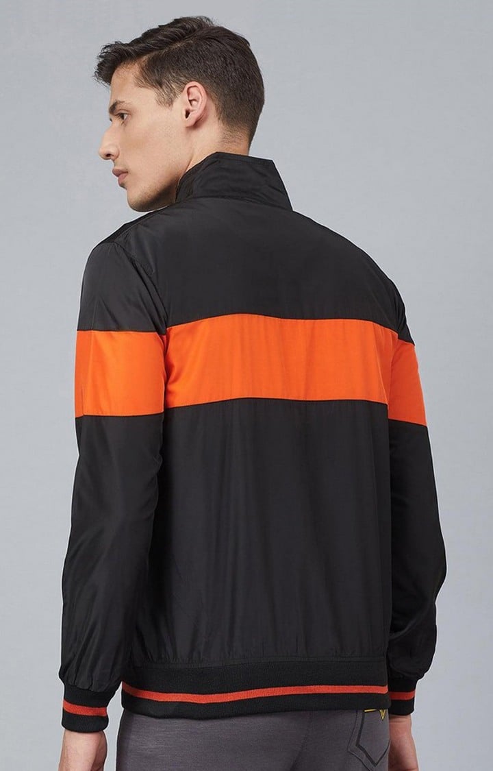 Men's Black & Orange Colorblocked Polyester Windcheater