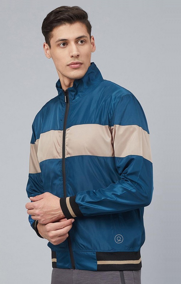 Men's Blue & Grey Colorblocked Polyester Windcheater