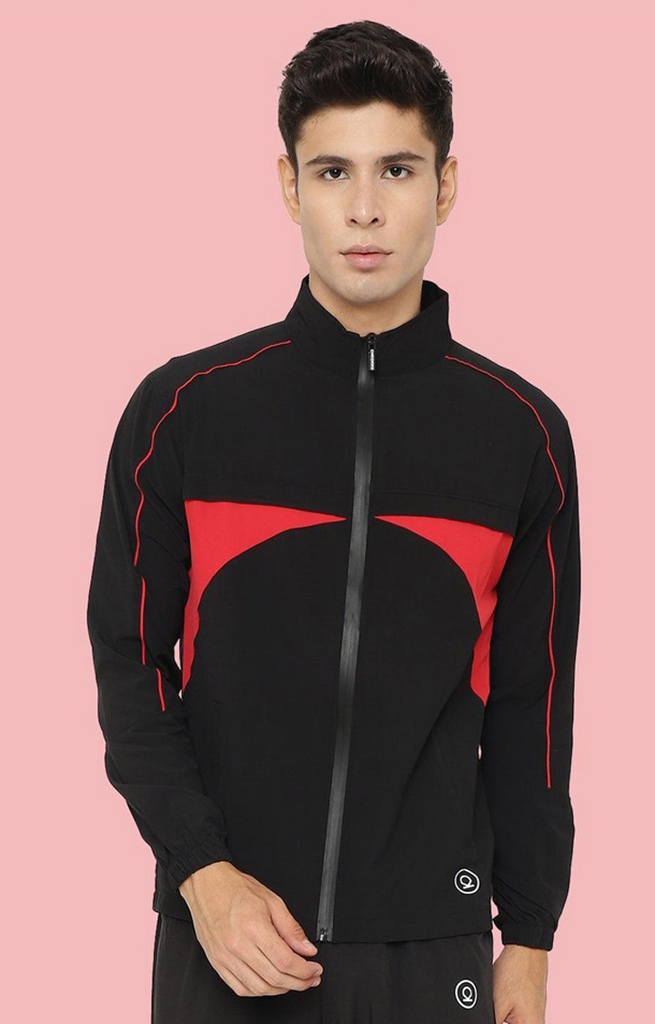 Men's Black & Red Colorblocked Polyester Activewear Jackets