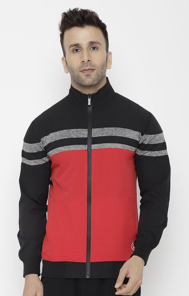 Men's Red & Black Colorblocked Polyester Activewear Jackets