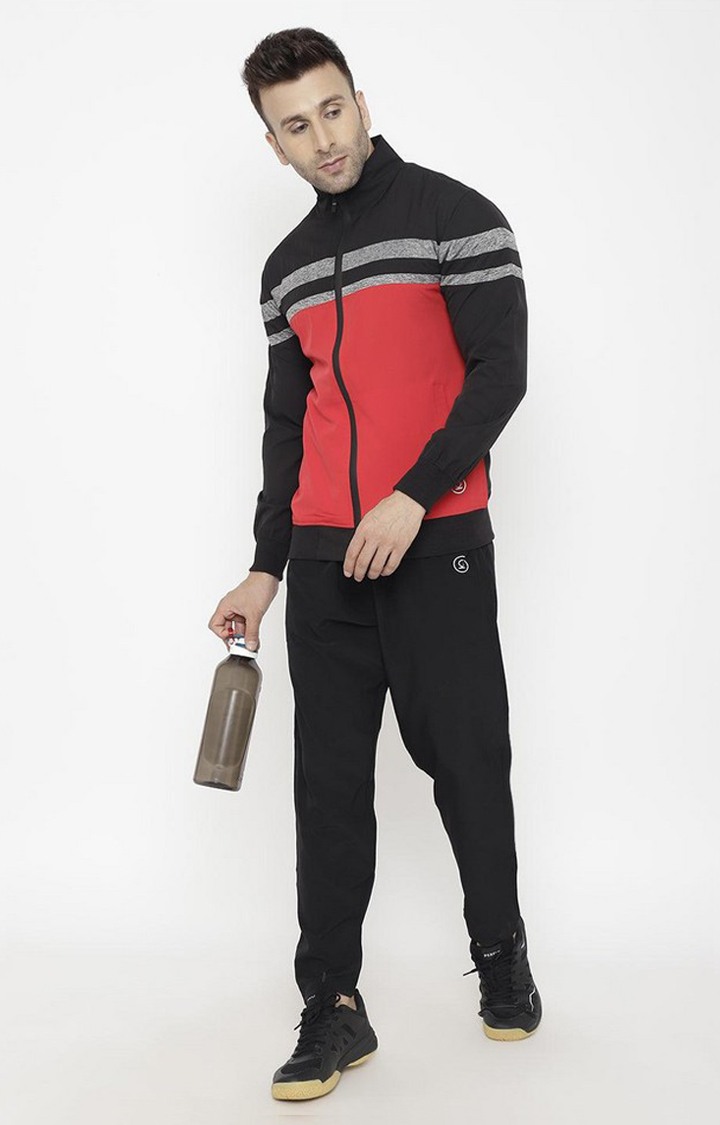 Men's Red & Black Colorblocked Polyester Activewear Jackets