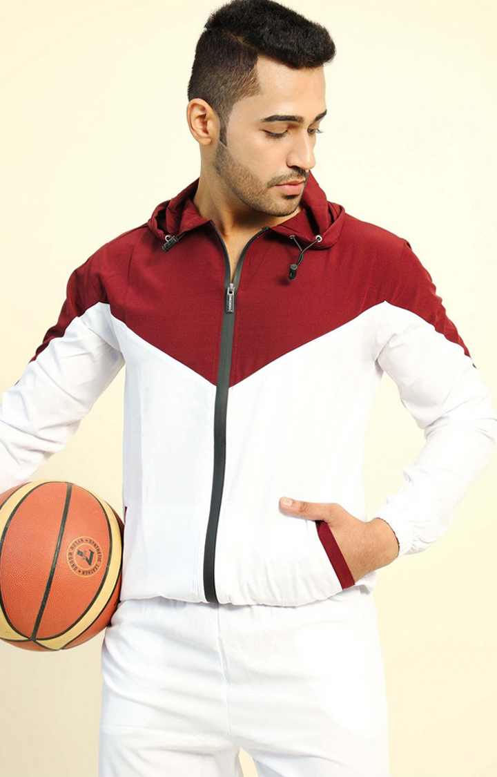 Men's White & Red Colorblocked Polyester Activewear Jackets