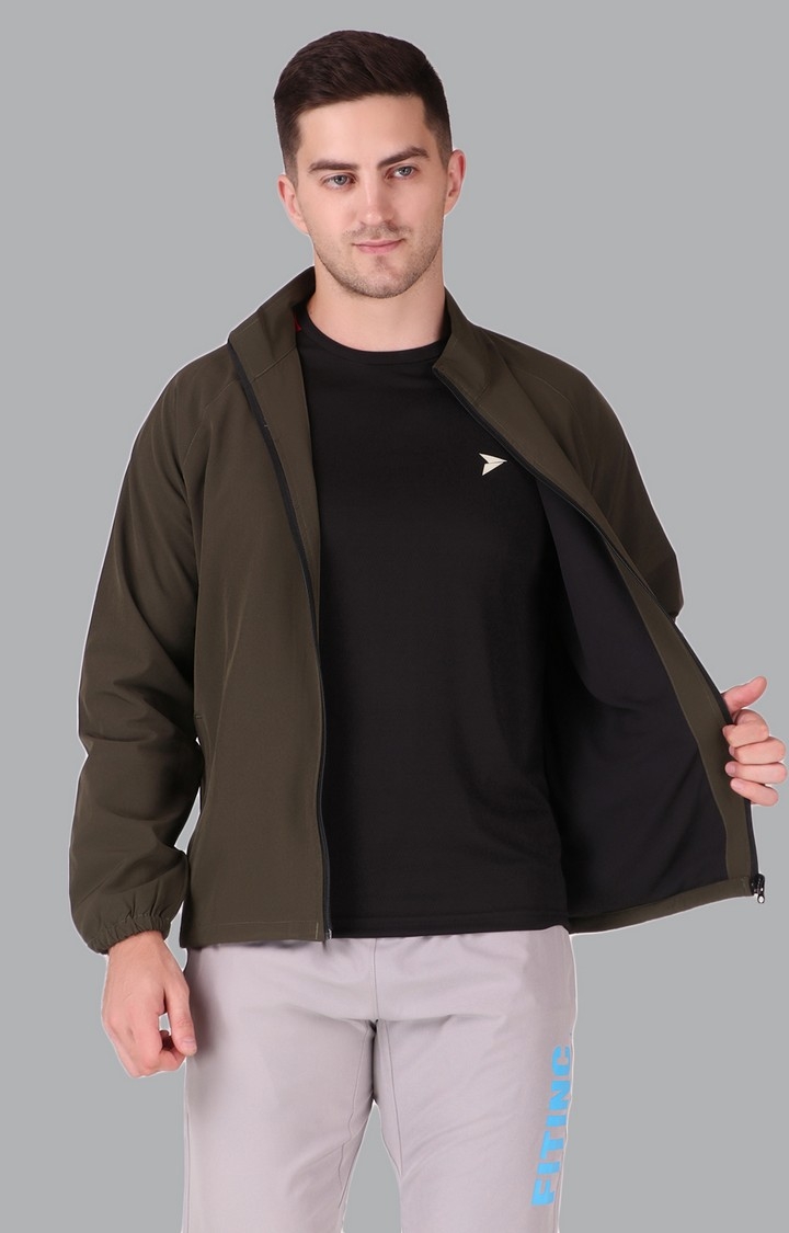 Fitinc | Men's Olive Green Polycotton Solid Activewear Jackets 1
