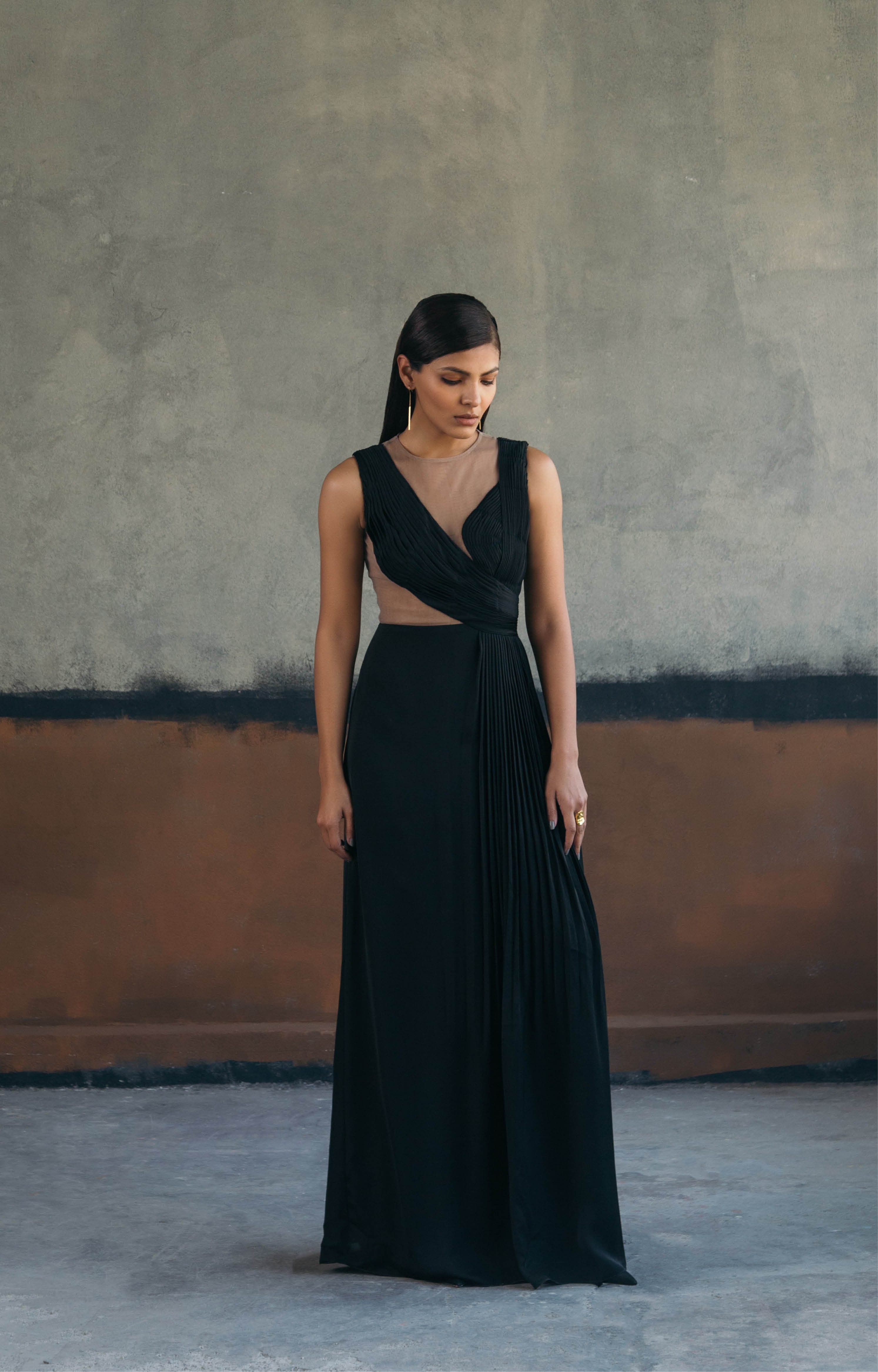 Ruched & Pleated Maxi In Black
