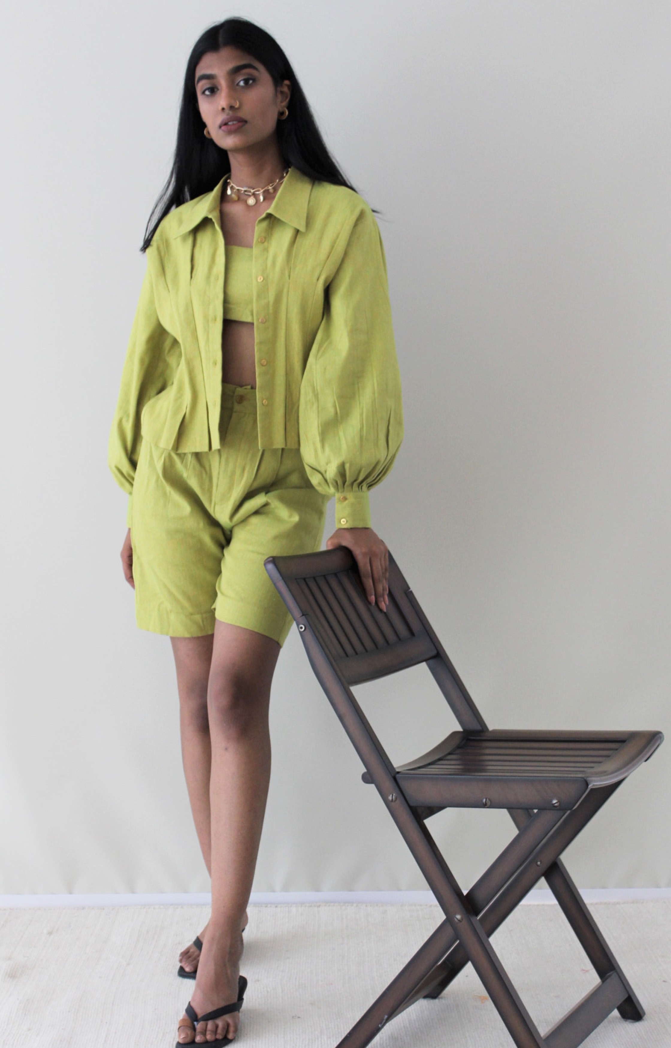 The Anvi Coord Set - Set of solid Shirt, Bralette, Bermuda Pants - Lime Green