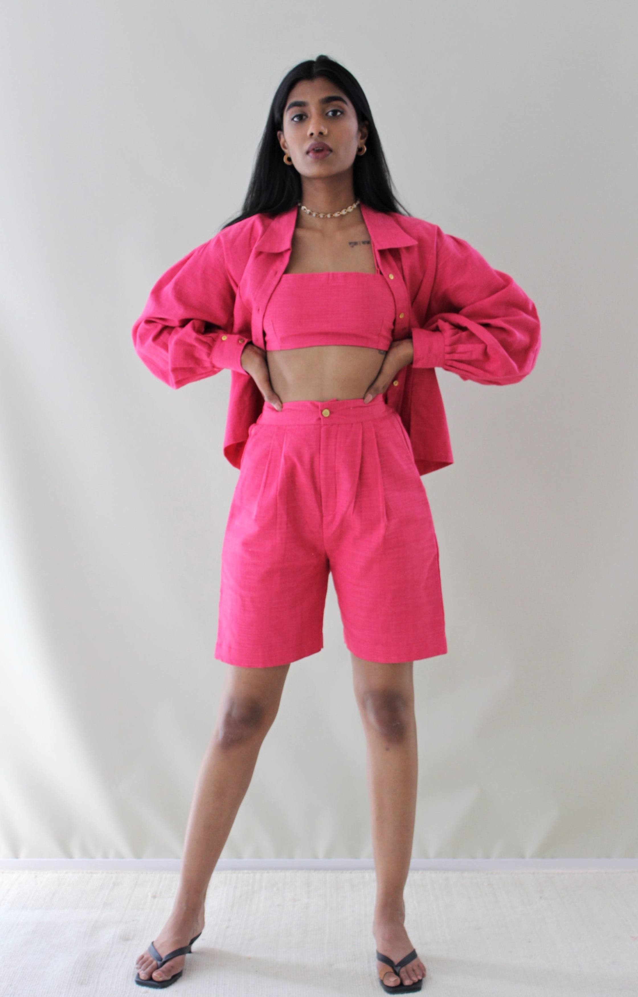 The Anvi Coord Set - Set of solid Shirt, Bralette, Bermuda Pants - Pink