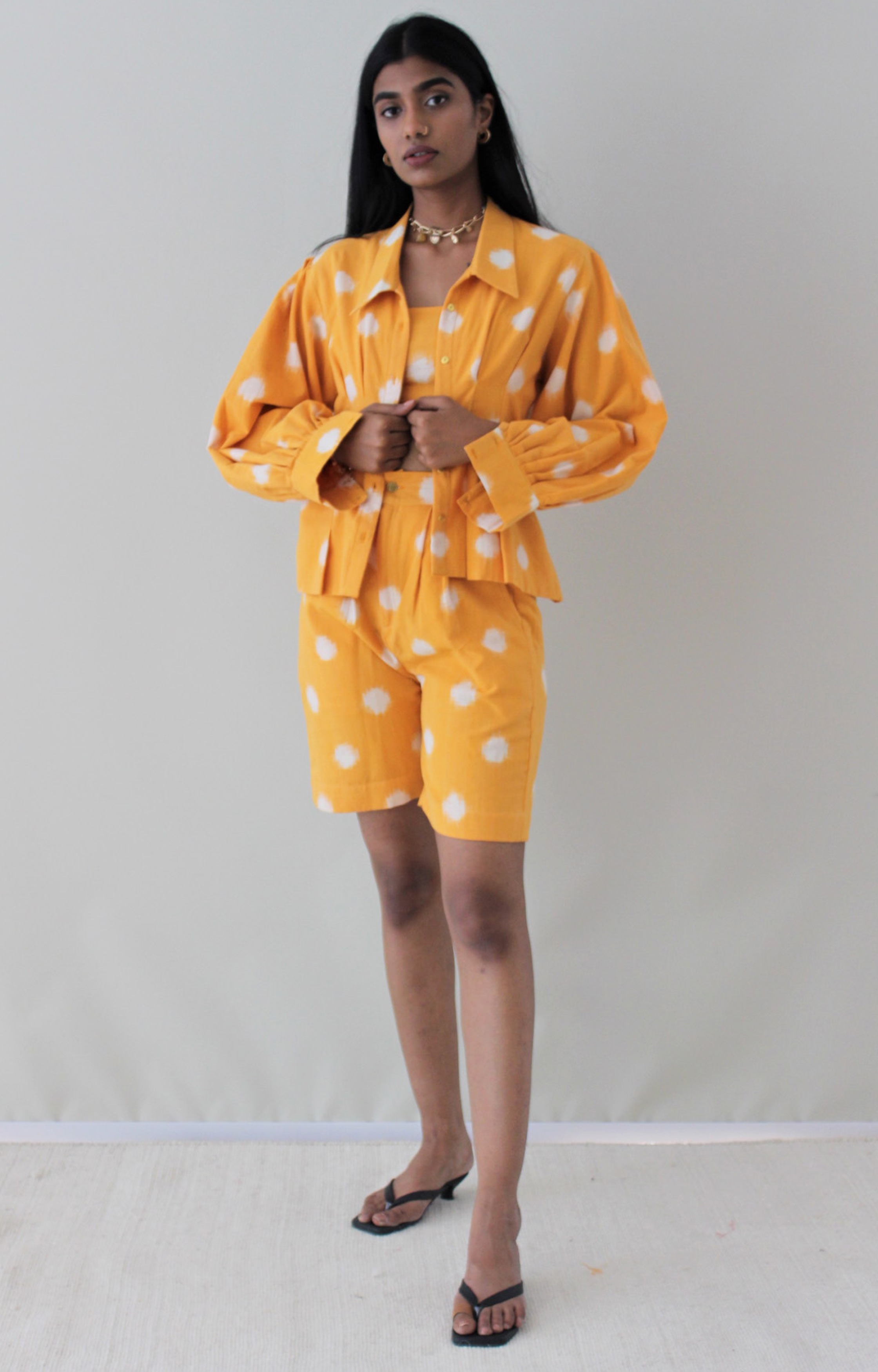 The Anvi Coord Set - Set of  Shirt, Bralette, Bermuda Pants - Yellow Ikat