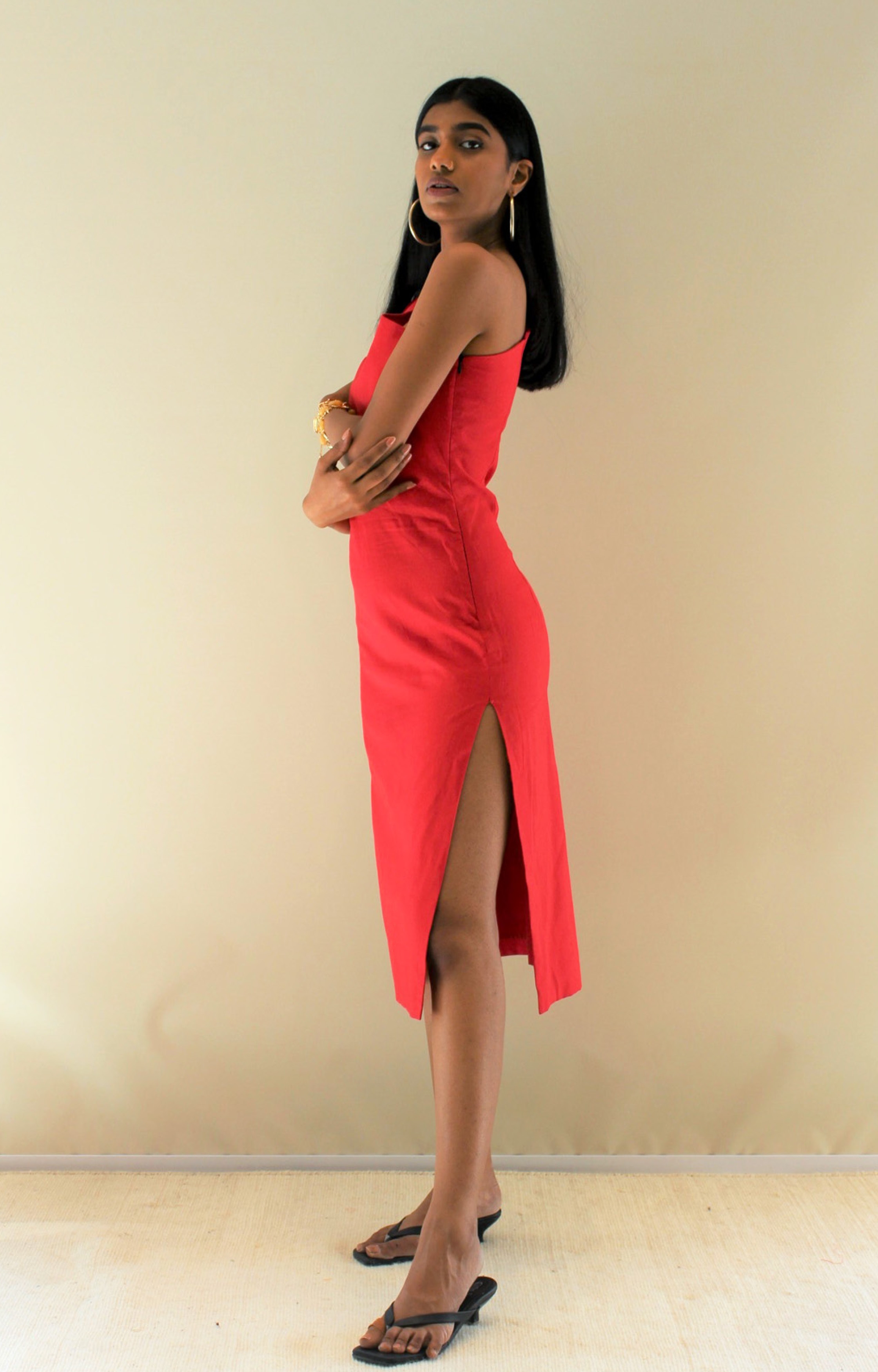 Ela One Shoulder Midi Dress - Red