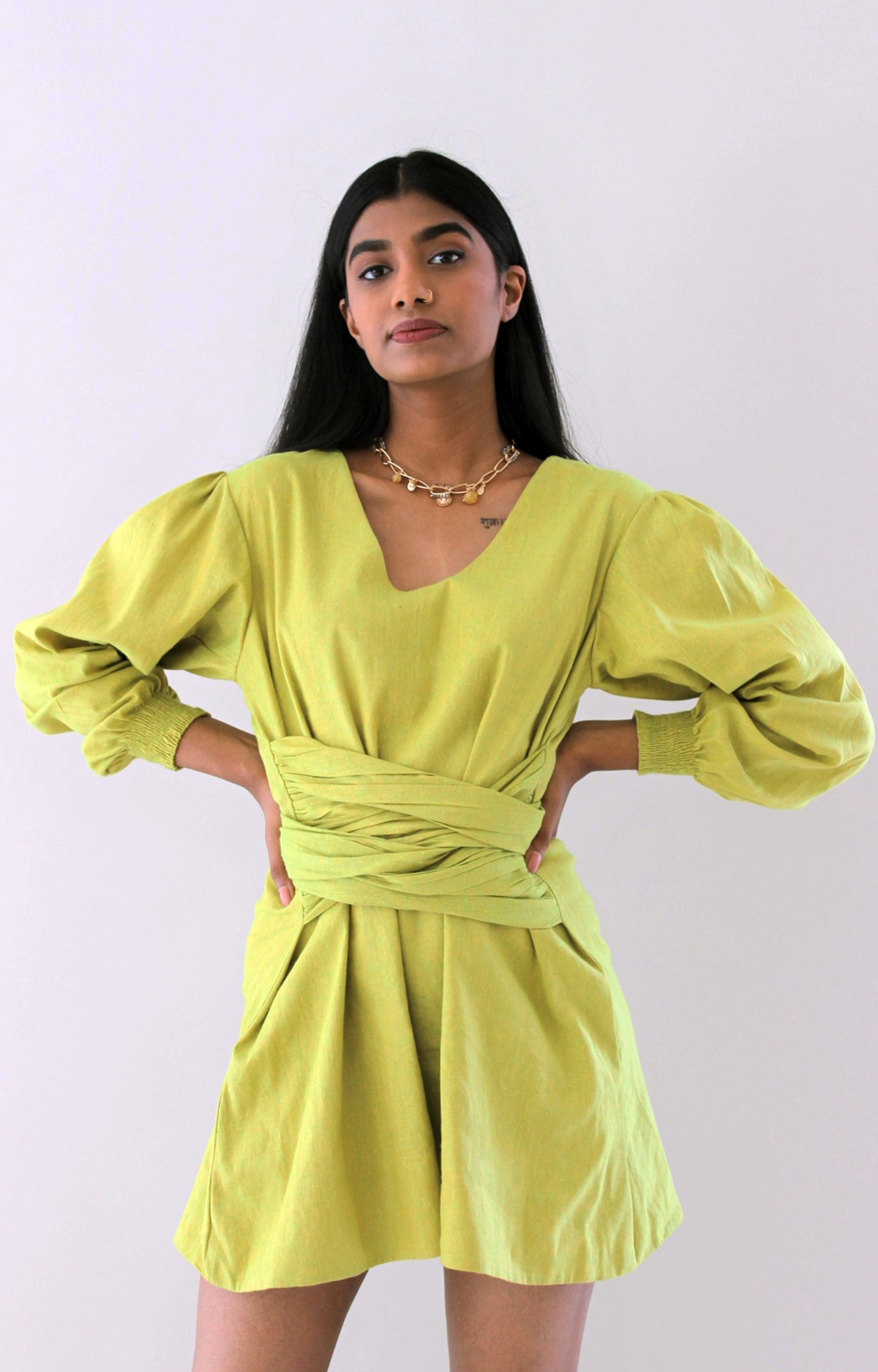 Sanchi Tie Up Dress - Lime Green