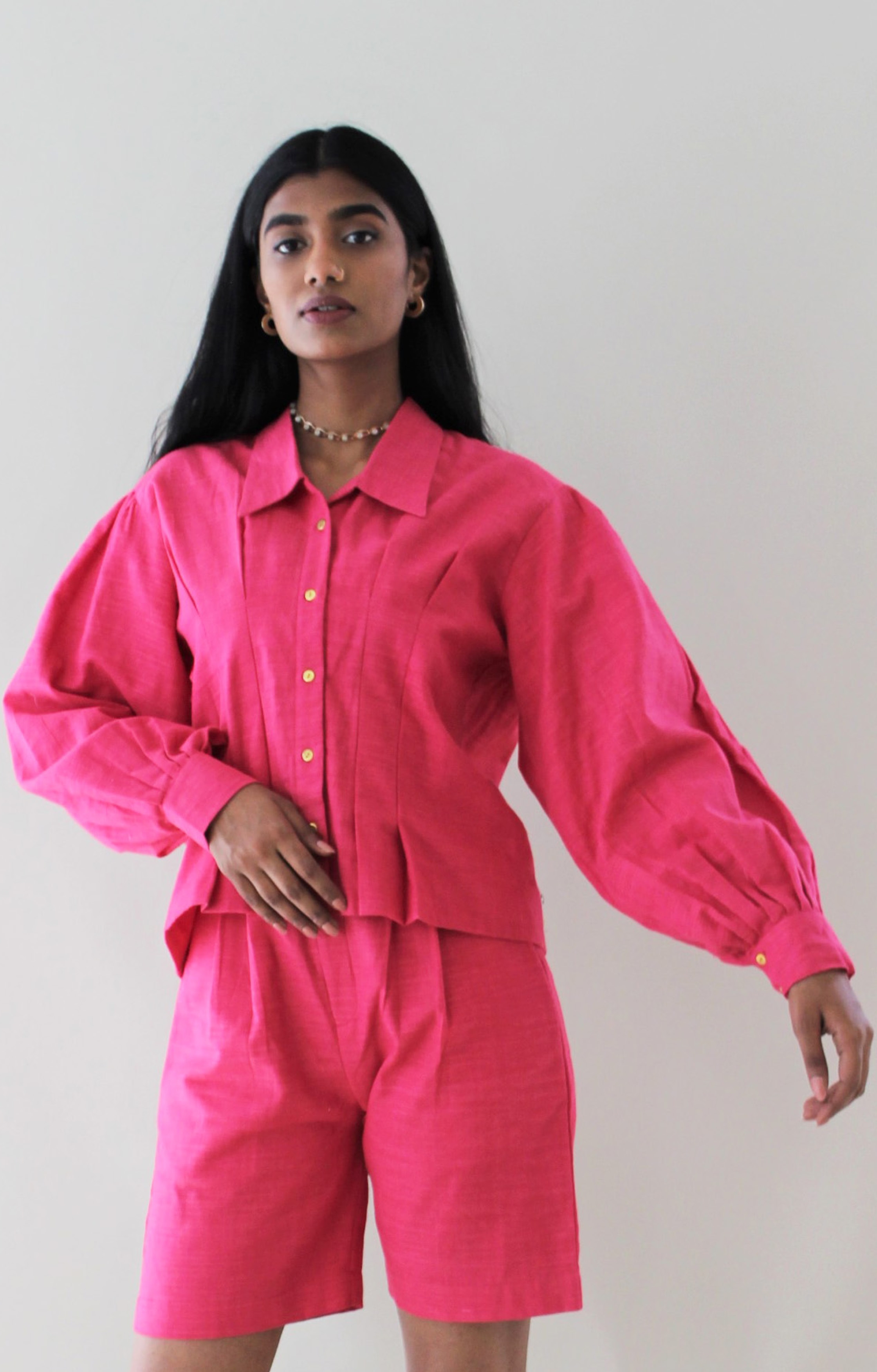 Anvi Classic Pleated Shirt with Puffed Sleeves - Pink