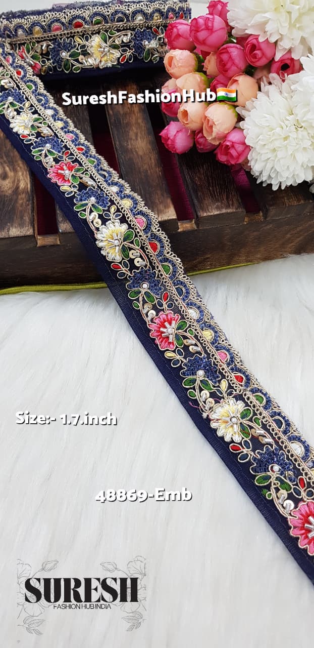 Navy Blue Floral Beads & Thread Embroidery Lace – 48869-EMB