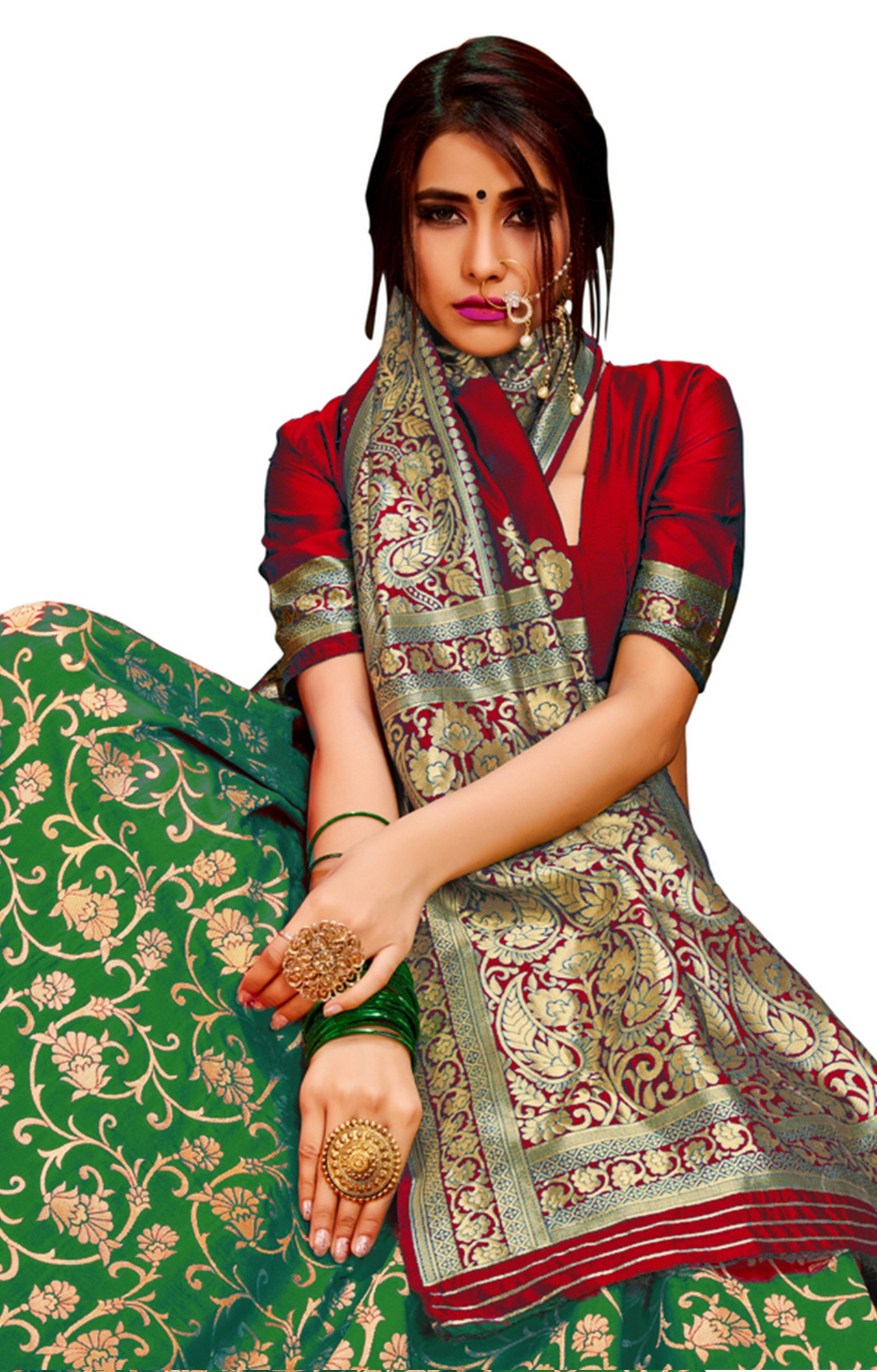 Glemora | Glemora Red and Green Poly Cotton Milano Saree With Unstitched Blouse 4