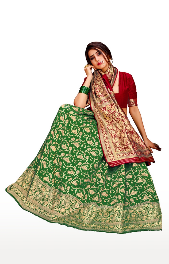 Glemora | Glemora Red and Green Poly Cotton Milano Saree With Unstitched Blouse 1