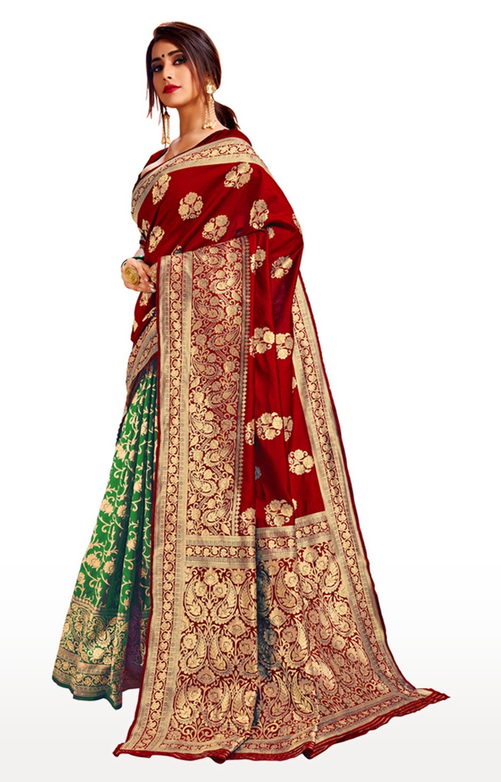 Glemora | Glemora Red and Green Poly Cotton Milano Saree With Unstitched Blouse 2