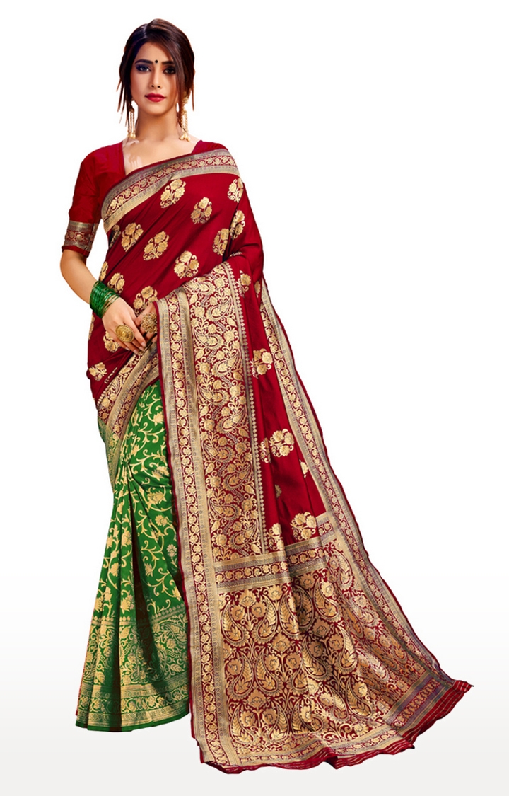 Glemora | Glemora Red and Green Poly Cotton Milano Saree With Unstitched Blouse 0