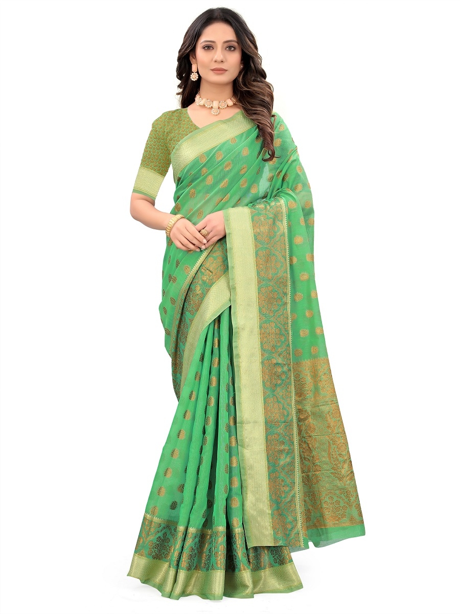 AWRIYA | AWRIYA Presents MINA green colour saree with woven work on blended_cotton fabric zari_woven designer banarasi-sarees with Blouse piece 0